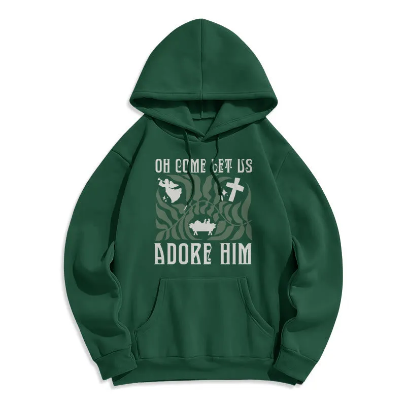 Christianartworkshop Oh Come Let Us Adore Him Christmas Tree Faith Fleece Lined Polyester Hoodie sold by Christian Art Workshop