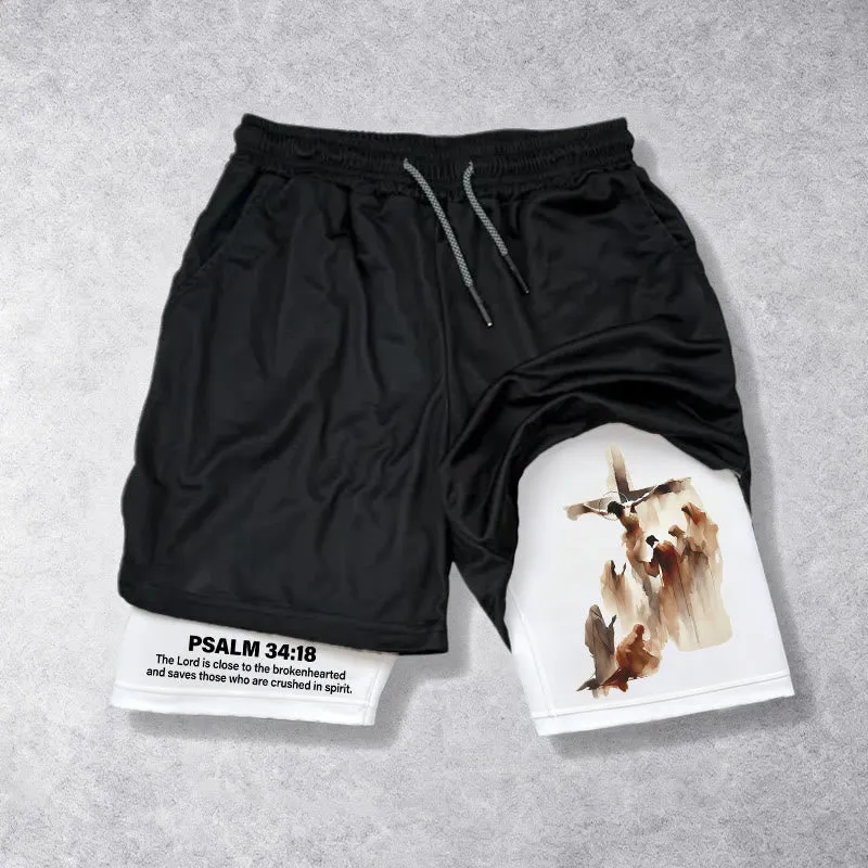 Christianartworkshop Psalm 34:18 Faith Performance Shorts with Watercolor Cross Design sold by Christian Art Workshop