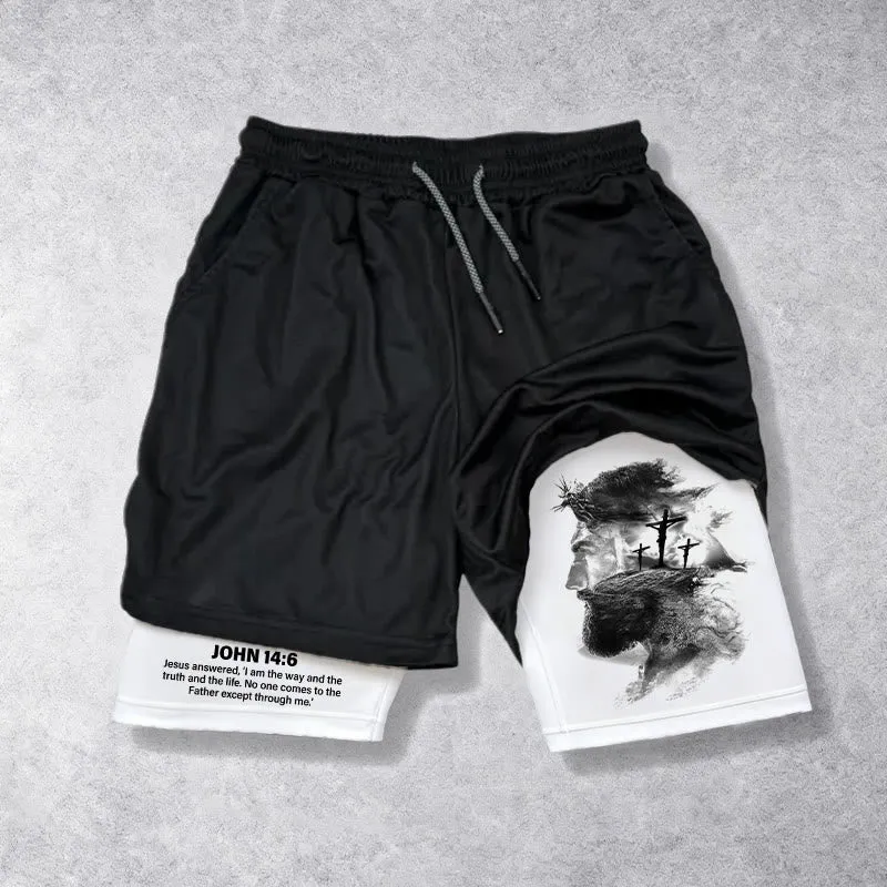 Christianartworkshop John 14:6 Faith Performance Shorts with Jesus & Cross Design: Wear Devotion Daily sold by Christian Art Workshop