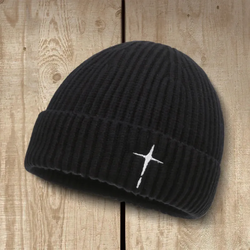 Christianartworkshop Subtle Cross Embroidered Beanie: His Grace in Cold Days made by Christian Art Workshop