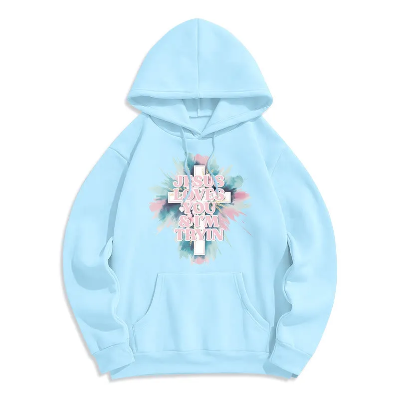 Christianartworkshop Jesus Loves You I'm Still Tryin Fleece Lined Polyester Hoodie sold by Christian Art Workshop product image thumbnail 5