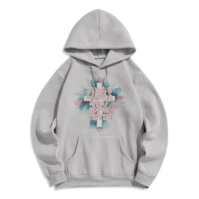 Christianartworkshop Jesus Loves You I'm Still Tryin Fleece Lined Polyester Hoodie sold by Christian Art Workshop product image thumbnail 3