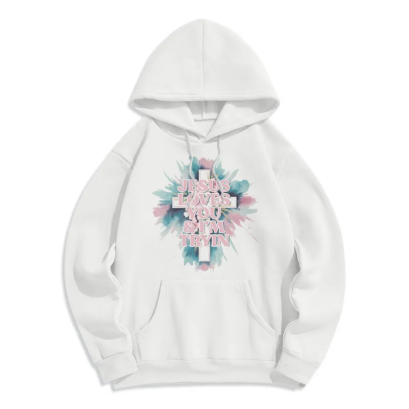 Christianartworkshop  Jesus Loves You I'm Still Tryin Fleece Lined Polyester Hoodie sold by Christian Art Workshop