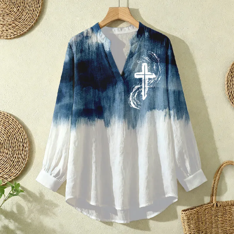 Christianartworkshop Dip-Dye Navy & White Cross Women’s Blouse: Embody Faith and Effortless Peace sold by Christian Art Workshop product image thumbnail 3