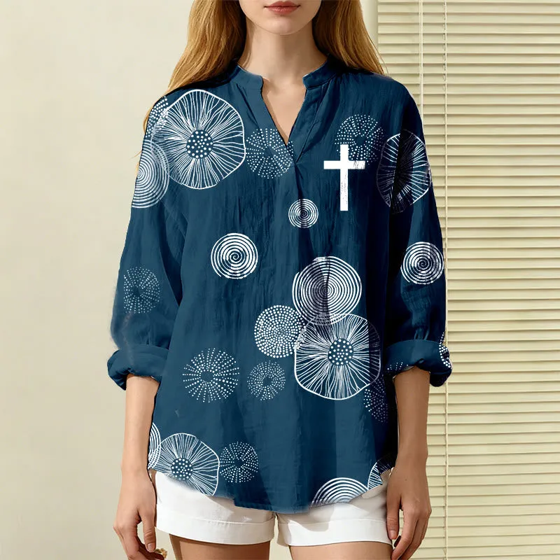 Christianartworkshop Navy Abstract Floral & White Cross Women’s Blouse: Embody Faith and Effortless Grace sold by Christian Art Workshop
