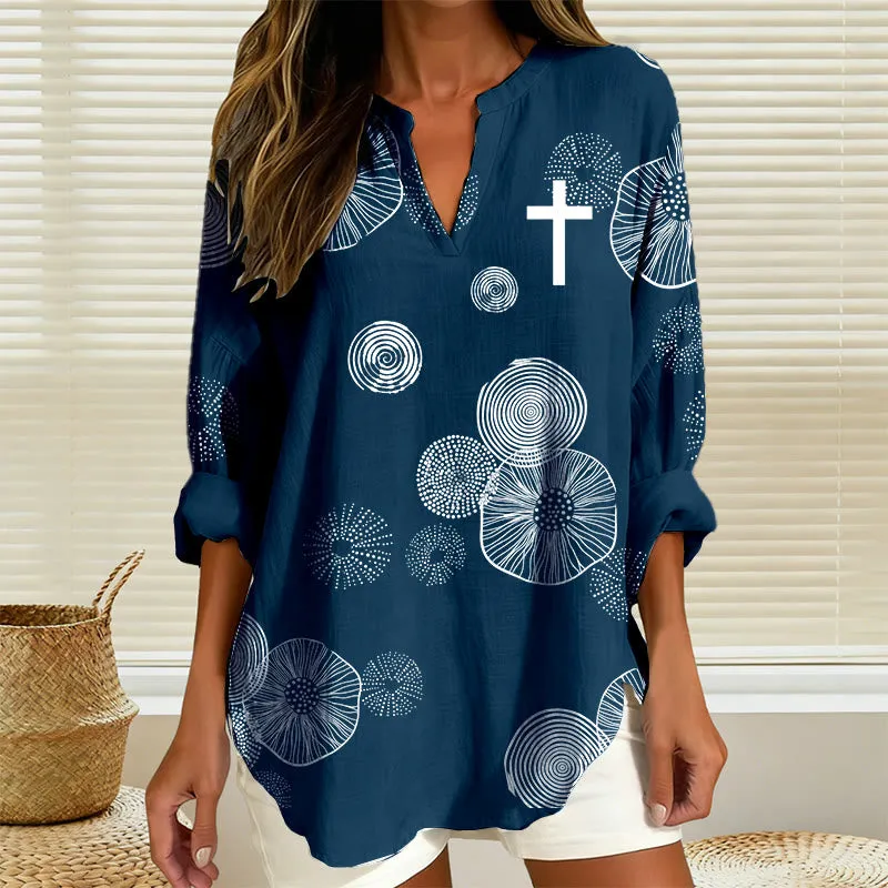 Christianartworkshop Navy Abstract Floral & White Cross Women’s Blouse: Embody Faith and Effortless Grace sold by Christian Art Workshop product image thumbnail 5