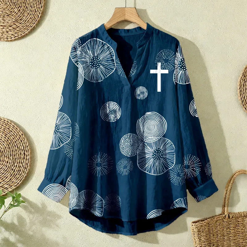 Christianartworkshop Navy Abstract Floral & White Cross Women’s Blouse: Embody Faith and Effortless Grace sold by Christian Art Workshop product image thumbnail 3