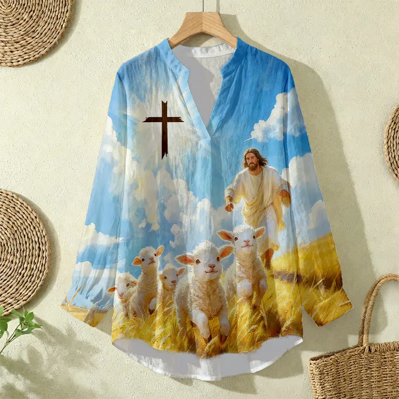 Christianartworkshop Good Shepherd Flock & Cross Women’s Blouse: Embody Faith and Gentle Devotion sold by Christian Art Workshop product image thumbnail 3