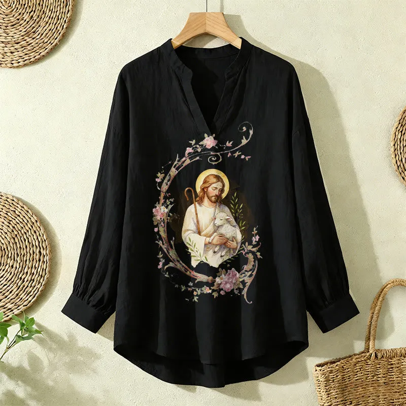 Christianartworkshop Good Shepherd Floral Wreath Women’s Blouse: Embody Faith and Gentle Devotion sold by Christian Art Workshop product image thumbnail 3
