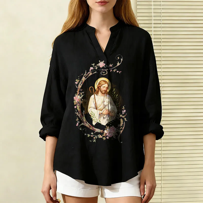 Christianartworkshop Good Shepherd Floral Wreath Women’s Blouse: Embody Faith and Gentle Devotion sold by Christian Art Workshop