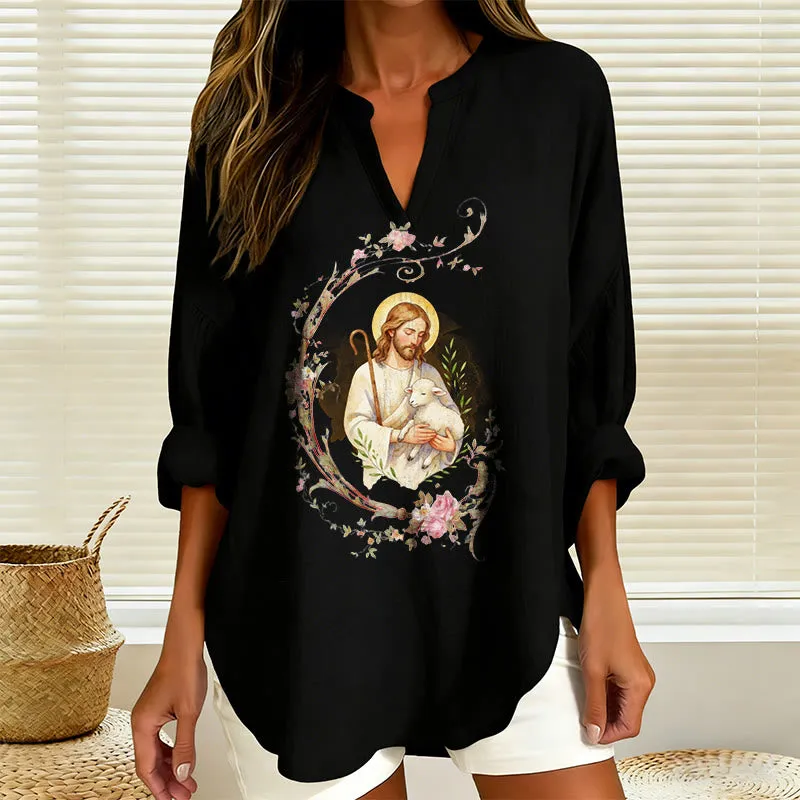 Christianartworkshop Good Shepherd Floral Wreath Women’s Blouse: Embody Faith and Gentle Devotion sold by Christian Art Workshop product image thumbnail 5