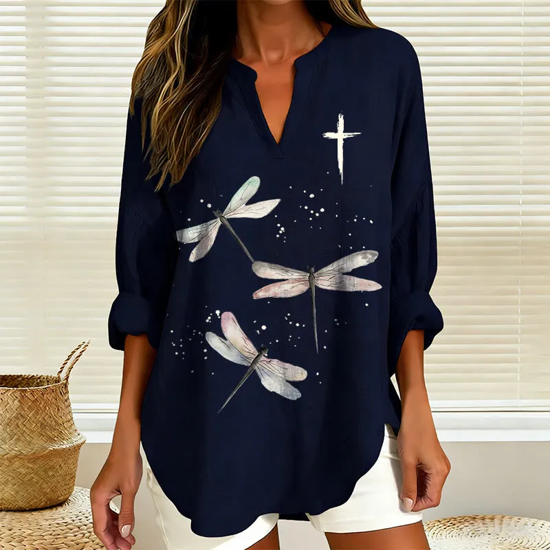 Christianartworkshop Dragonfly Print & Cross Emblem Women’s Blouse: Embody Faith and Effortless Grace sold by Christian Art Workshop