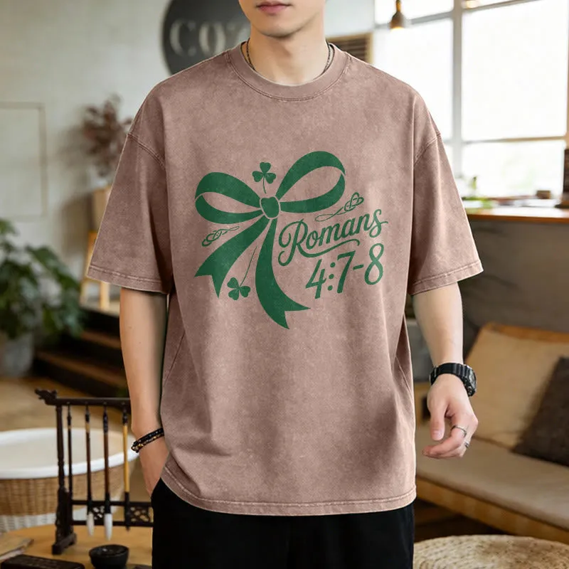 Christianartworkshop Not Lucky Simply Blessed Romans 4:7-8 Unisex Washed T-Shirt sold by Christian Art Workshop product image thumbnail 4