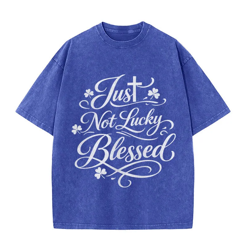 Christianartworkshop Just Not Lucky, Blessed Cross & Shamrock Unisex Washed T-Shirt sold by Christian Art Workshop