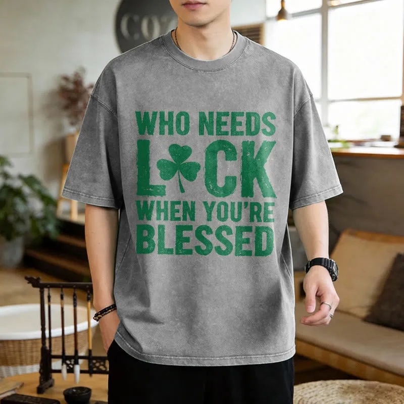Christianartworkshop Who Needs Luck When You're Blessed Shamrock Unisex Washed T-Shirt sold by Christian Art Workshop product image thumbnail 2