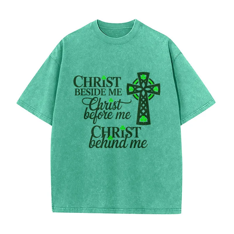Christianartworkshop Christ Beside Me Celtic Cross Unisex Washed T-Shirt: Wear His Ever-Presence sold by Christian Art Workshop