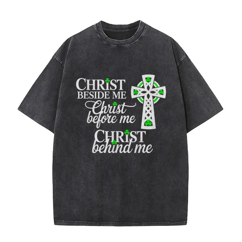 Christianartworkshop Christ Beside Me Celtic Cross Unisex Washed T-Shirt: Wear His Ever-Presence sold by Christian Art Workshop product image thumbnail 5