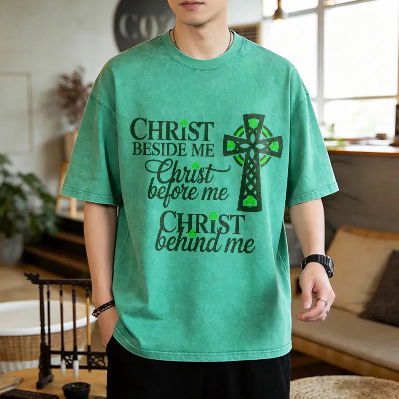 Christianartworkshop Christ Beside Me Celtic Cross Unisex Washed T-Shirt: Wear His Ever-Presence sold by Christian Art Workshop product image thumbnail 2