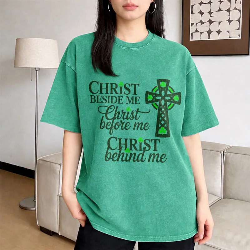Christianartworkshop Christ Beside Me Celtic Cross Unisex Washed T-Shirt: Wear His Ever-Presence sold by Christian Art Workshop product image thumbnail 3
