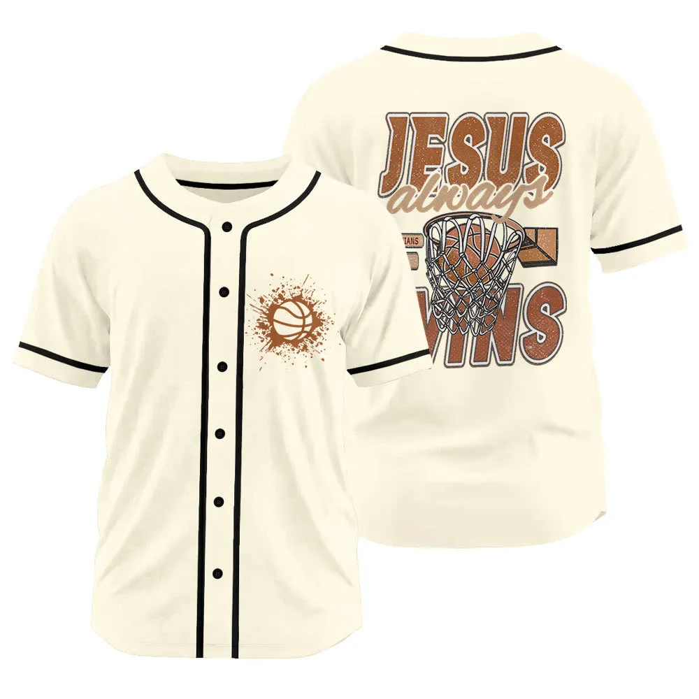 Christianartworkshop Retro Athletic Jesus Always Wins Basketball Themed Unisex Baseball Jersey sold by Christian Art Workshop product image thumbnail 5