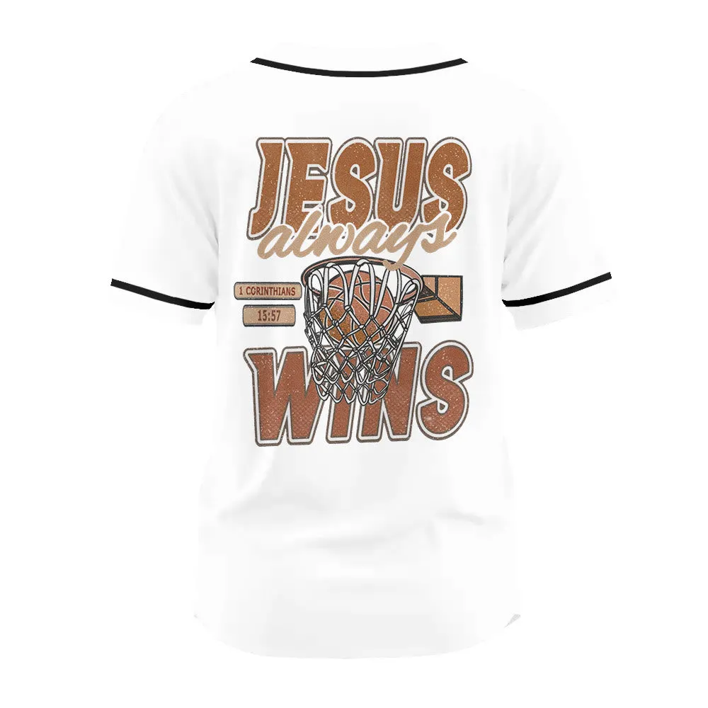 Christianartworkshop Retro Athletic Jesus Always Wins Basketball Themed Unisex Baseball Jersey sold by Christian Art Workshop product image thumbnail 2