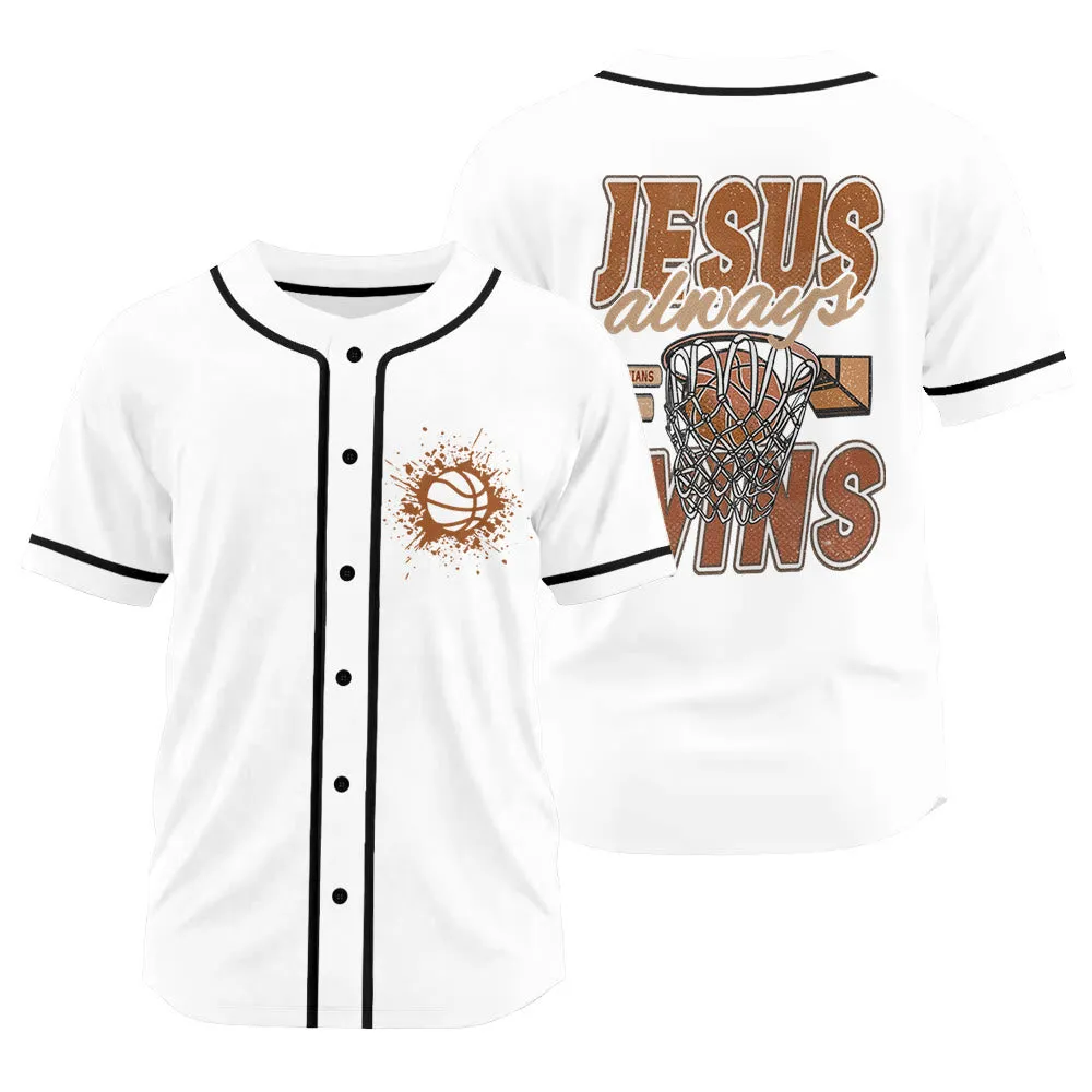 Christianartworkshop Retro Athletic Jesus Always Wins Basketball Themed Unisex Baseball Jersey sold by Christian Art Workshop