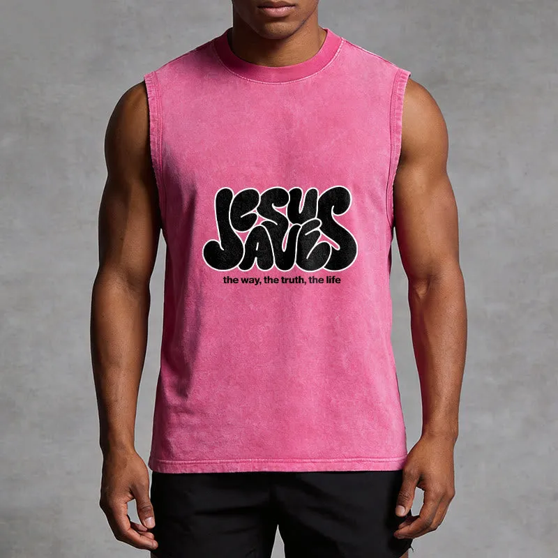 Christianartworkshop Jesus Saves Retro Unisex Washed Tank Top sold by Christian Art Workshop product image thumbnail 5