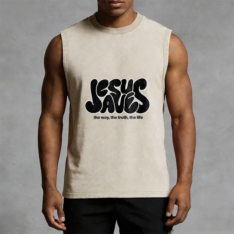 Christianartworkshop Jesus Saves Retro Unisex Washed Tank Top sold by Christian Art Workshop product image thumbnail 2