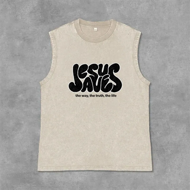 Christianartworkshop Jesus Saves Retro Unisex Washed Tank Top sold by Christian Art Workshop