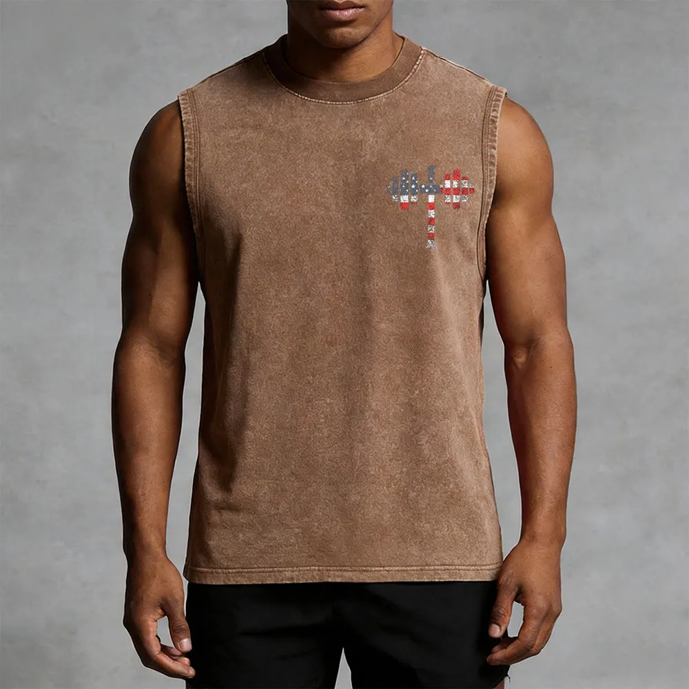 Christianartworkshop God Bless America Cross Dumbbell Unisex Washed Tank Top sold by Christian Art Workshop product image thumbnail 4