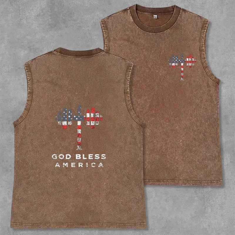 Christianartworkshop God Bless America Cross Dumbbell Unisex Washed Tank Top sold by Christian Art Workshop