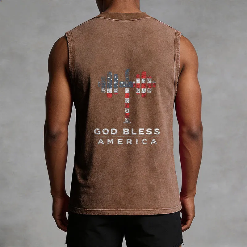 Christianartworkshop God Bless America Cross Dumbbell Unisex Washed Tank Top sold by Christian Art Workshop product image thumbnail 5