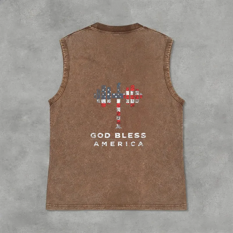 Christianartworkshop God Bless America Cross Dumbbell Unisex Washed Tank Top sold by Christian Art Workshop product image thumbnail 3