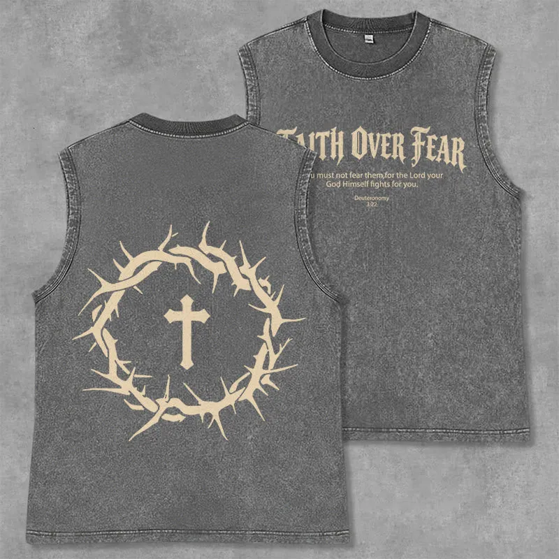 Christianartworkshop Faith Over Fear Crown of Thorns Unisex Washed Tank Top sold by Christian Art Workshop
