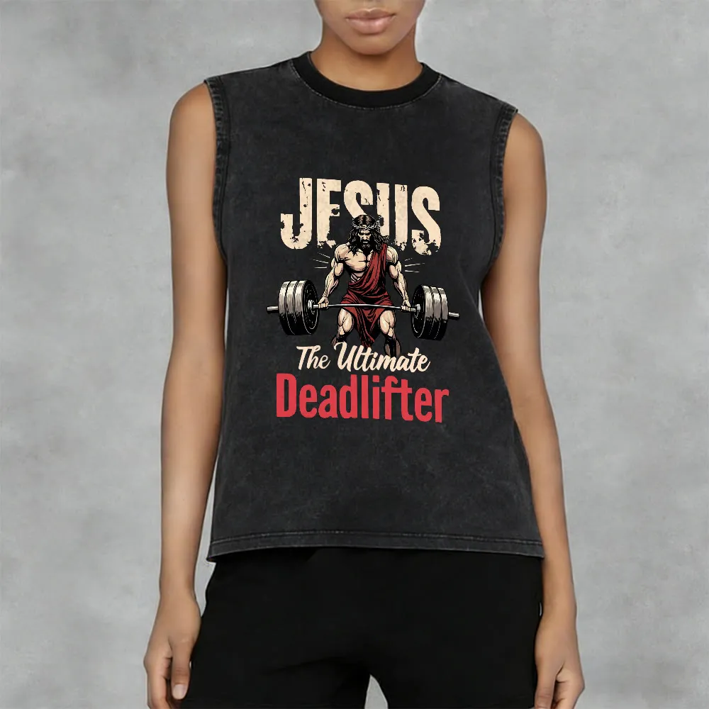 Christianartworkshop Jesus The Ultimate Deadlifter Unisex Washed Tank Top sold by Christian Art Workshop product image thumbnail 3