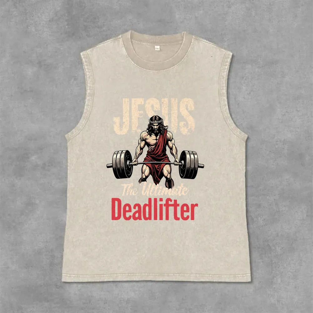 Christianartworkshop Jesus The Ultimate Deadlifter Unisex Washed Tank Top sold by Christian Art Workshop product image thumbnail 4