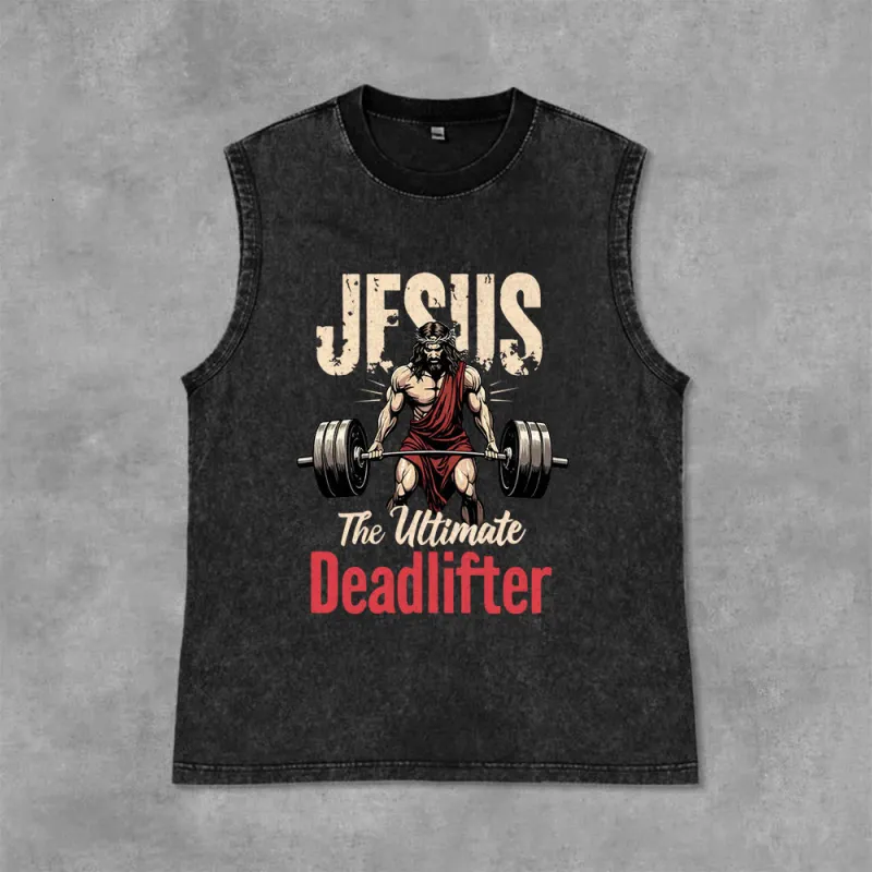 Christianartworkshop Jesus The Ultimate Deadlifter Unisex Washed Tank Top made by Christian Art Workshop