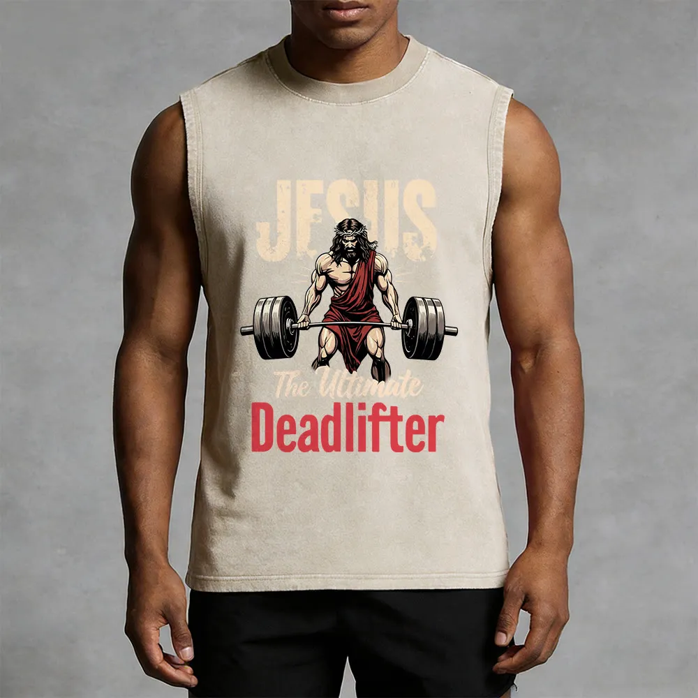 Christianartworkshop Jesus The Ultimate Deadlifter Unisex Washed Tank Top sold by Christian Art Workshop product image thumbnail 5