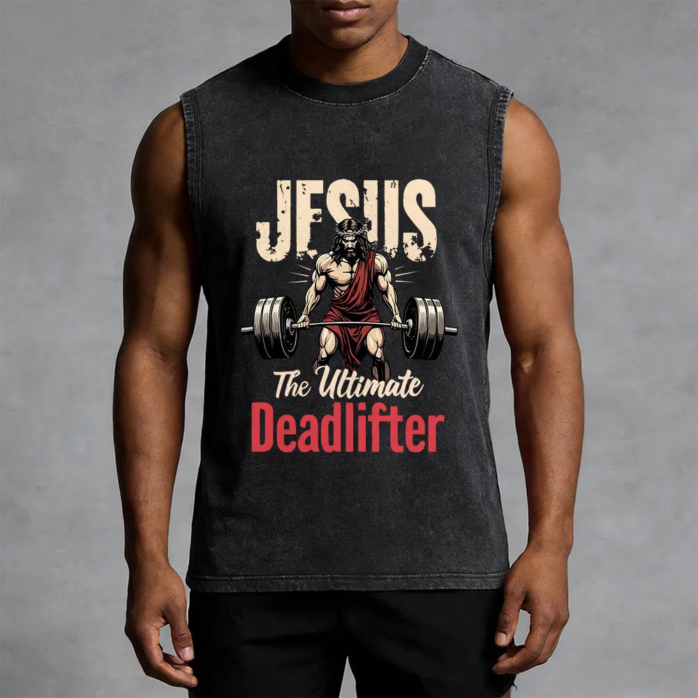 Christianartworkshop Jesus The Ultimate Deadlifter Unisex Washed Tank Top sold by Christian Art Workshop product image thumbnail 2