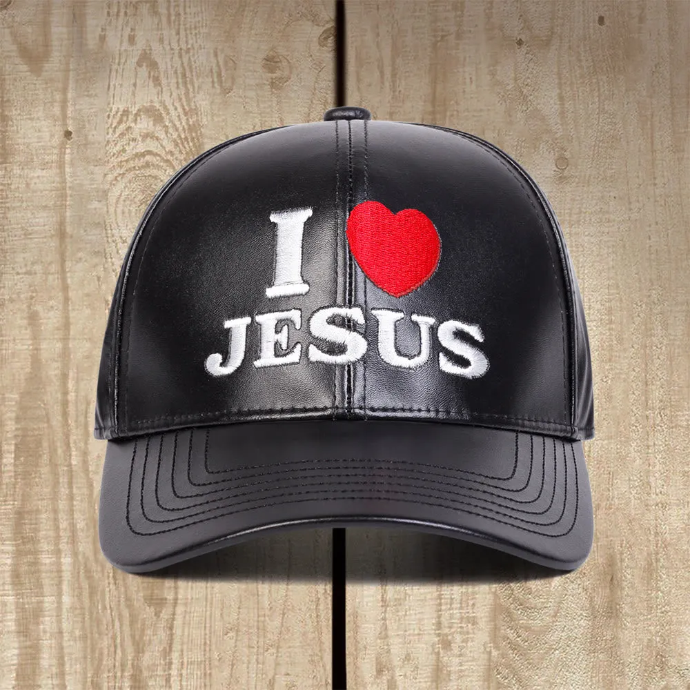 Christianartworkshop Devoted Love I Love JESUS PU Leather Baseball Cap: Wear Your Faith Boldly sold by Christian Art Workshop product image thumbnail 3