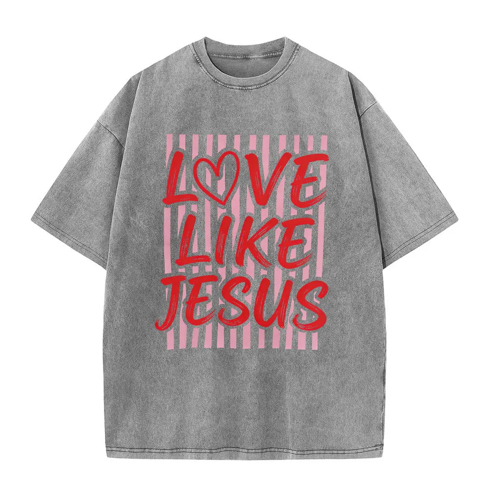Christianartworkshop Love Like Jesus Heart Letter Stripe Background Unisex Washed T-shirt sold by Christian Art Workshop product image thumbnail 3