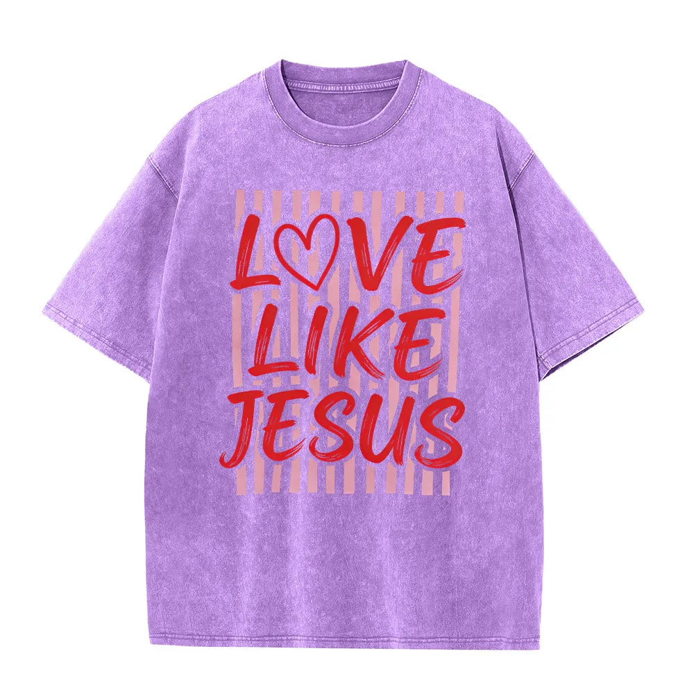 Christianartworkshop Love Like Jesus Heart Letter Stripe Background Unisex Washed T-shirt sold by Christian Art Workshop