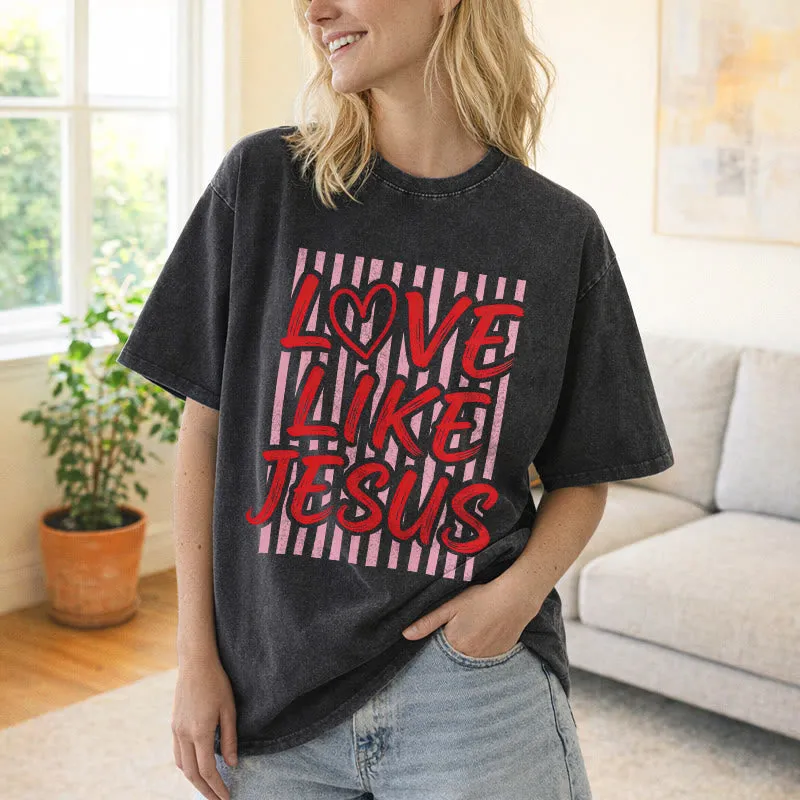 Christianartworkshop Love Like Jesus Heart Letter Stripe Background Unisex Washed T-shirt sold by Christian Art Workshop product image thumbnail 5