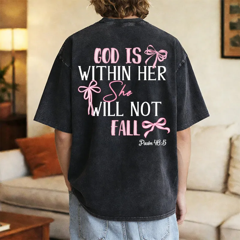 Christianartworkshop God Is Within Her Psalm 46:5 Bow Accent Unisex Washed T-shirt sold by Christian Art Workshop product image thumbnail 5