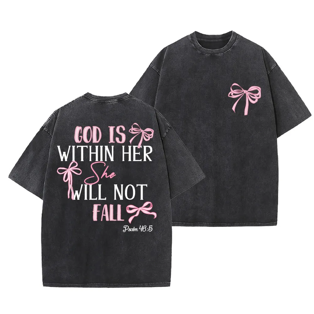 Christianartworkshop God Is Within Her Psalm 46:5 Bow Accent Unisex Washed T-shirt sold by Christian Art Workshop
