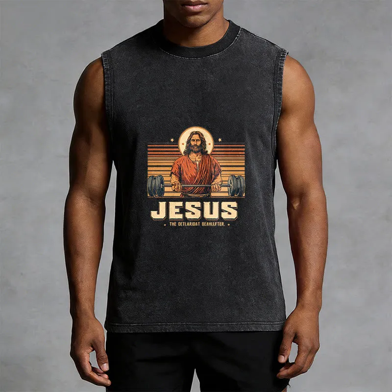 Christianartworkshop Jesus Deadlifter Faith Statement Unisex Washed Tank Top sold by Christian Art Workshop product image thumbnail 5