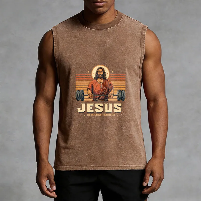 Christianartworkshop Jesus Deadlifter Faith Statement Unisex Washed Tank Top sold by Christian Art Workshop product image thumbnail 2