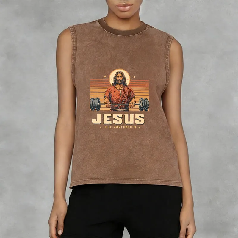 Christianartworkshop Jesus Deadlifter Faith Statement Unisex Washed Tank Top sold by Christian Art Workshop product image thumbnail 3