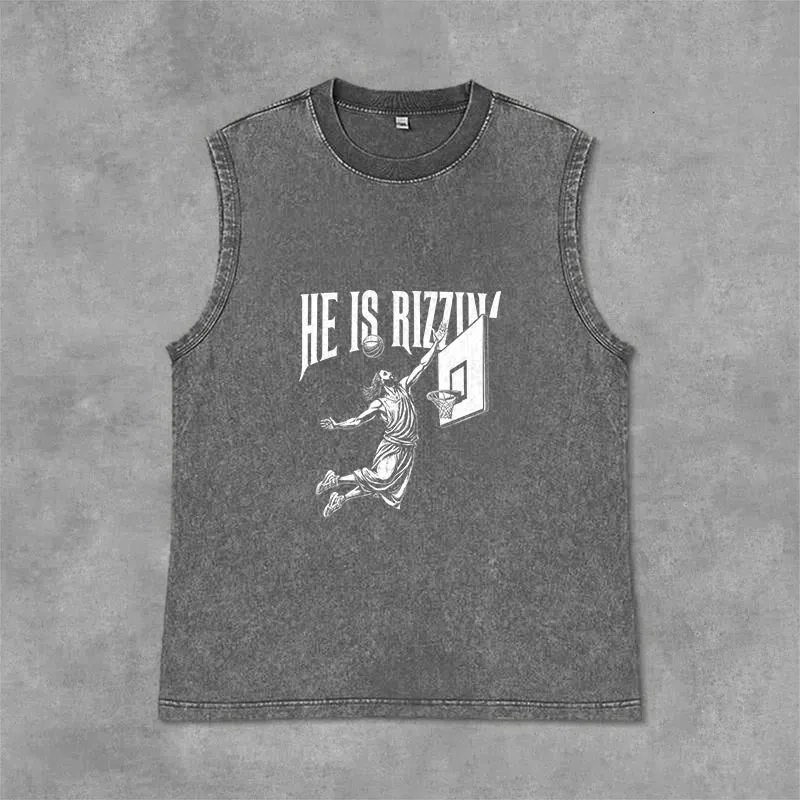 Christianartworkshop He Is Rizzin' Jesus Basketball Unisex Washed Tank Top made by Christian Art Workshop