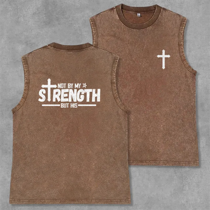 Christianartworkshop Not By My Strength But His Faith Statement Unisex Washed Tank Top made by Christian Art Workshop